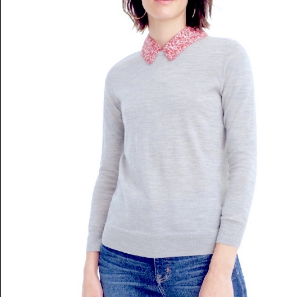 J Crew Tippi gray Merino Wool 3/4 sleeve Sweater with floral cotton collar